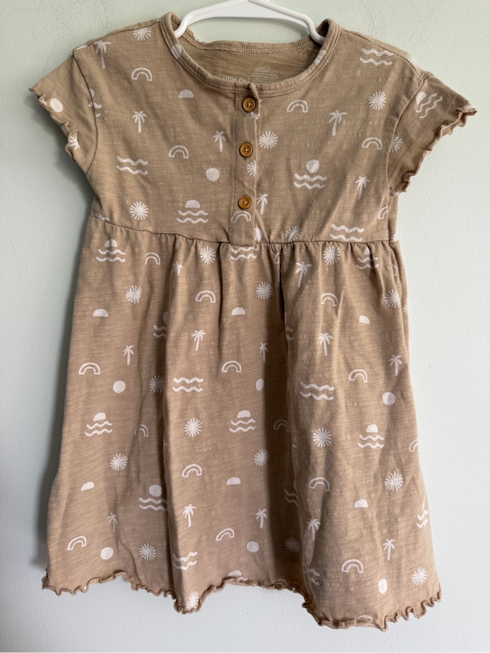 Little Co Organic Cotton Short Sleeve Dress in Tan with Beach Print Vacation
